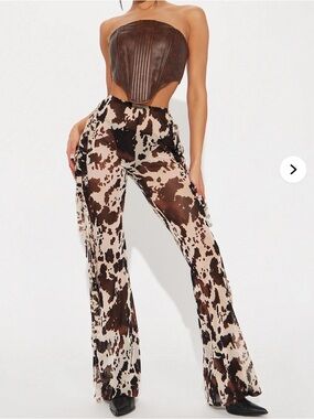Fashion Nova Brown & White Cow Print Sheer Wide-Leg Pants